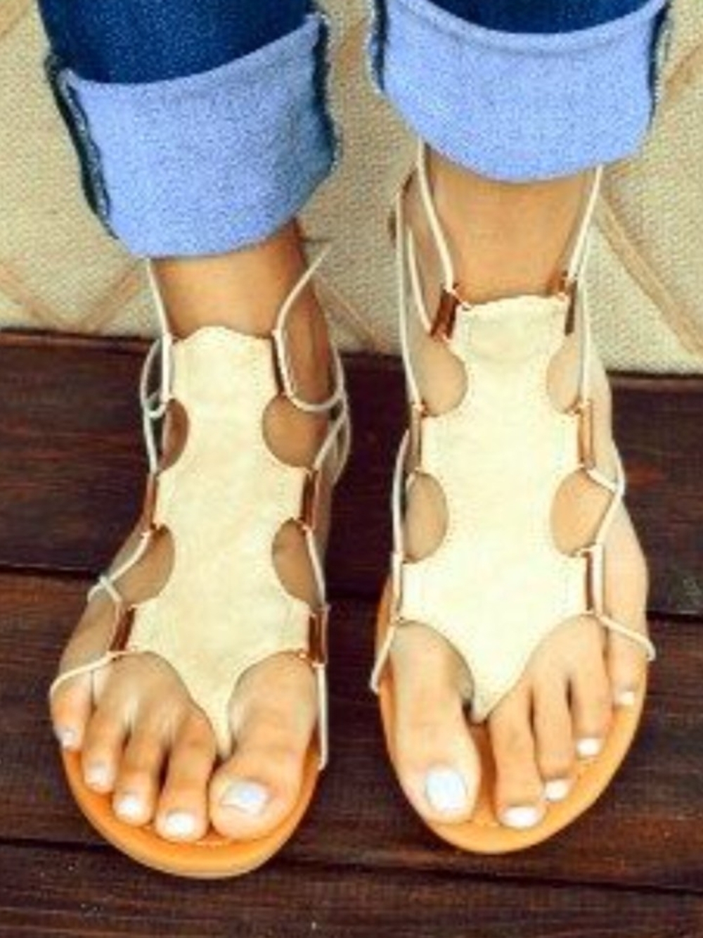 Route 66 Cream Gladiator T-Strap Sandals